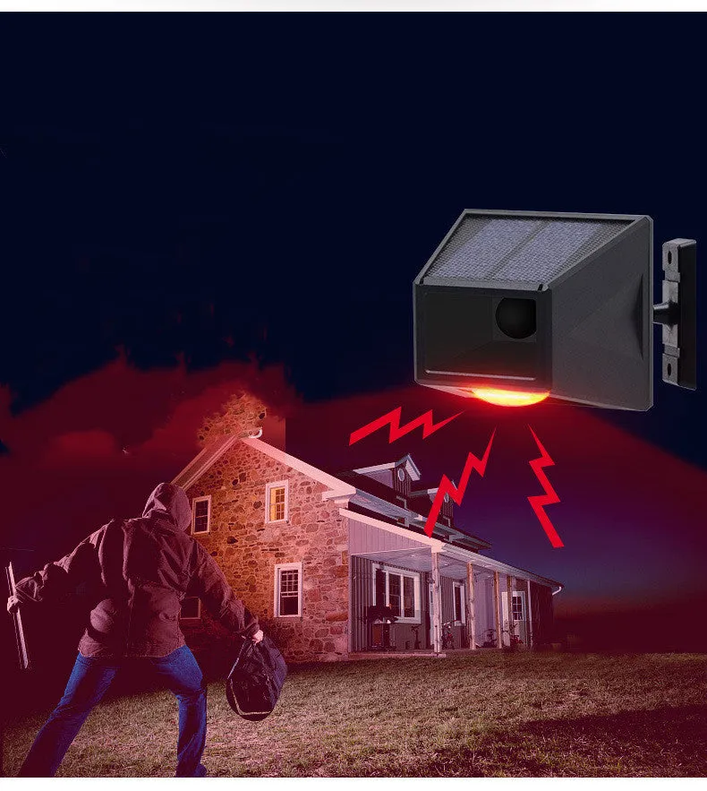 Black solar infrared body sensing alarm lamp with LED light, IP65 rated, 90x90x85mm, mounted on a wall