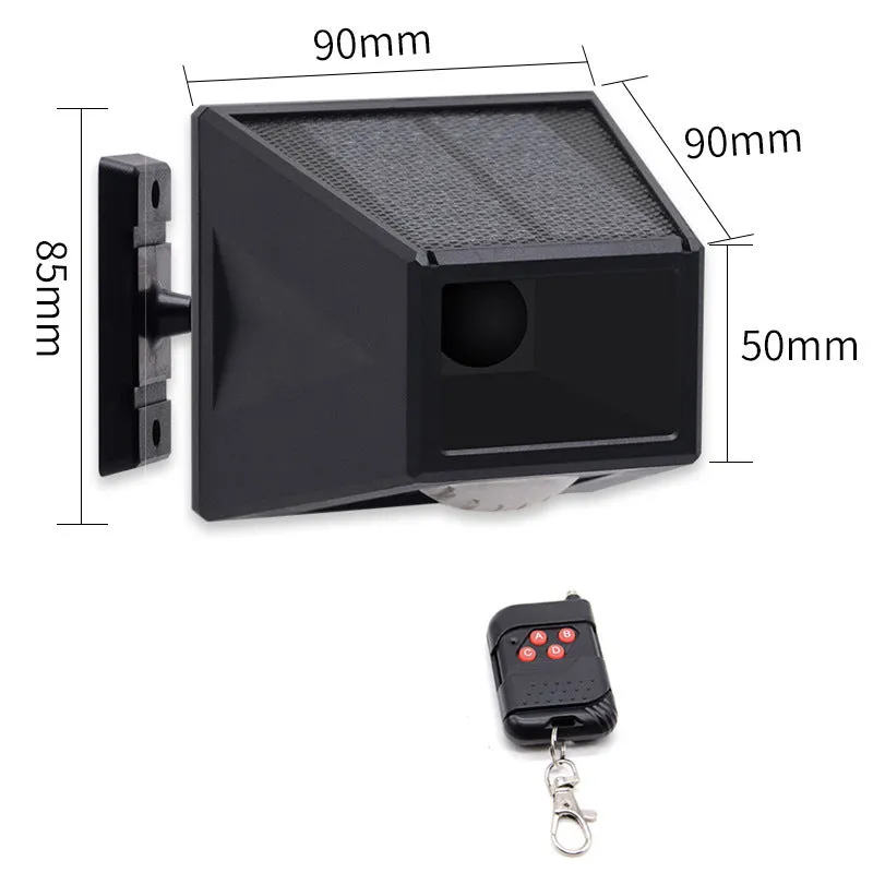Black solar infrared body sensing alarm lamp with LED light, IP65 rated, 90x90x85mm, mounted on a wall