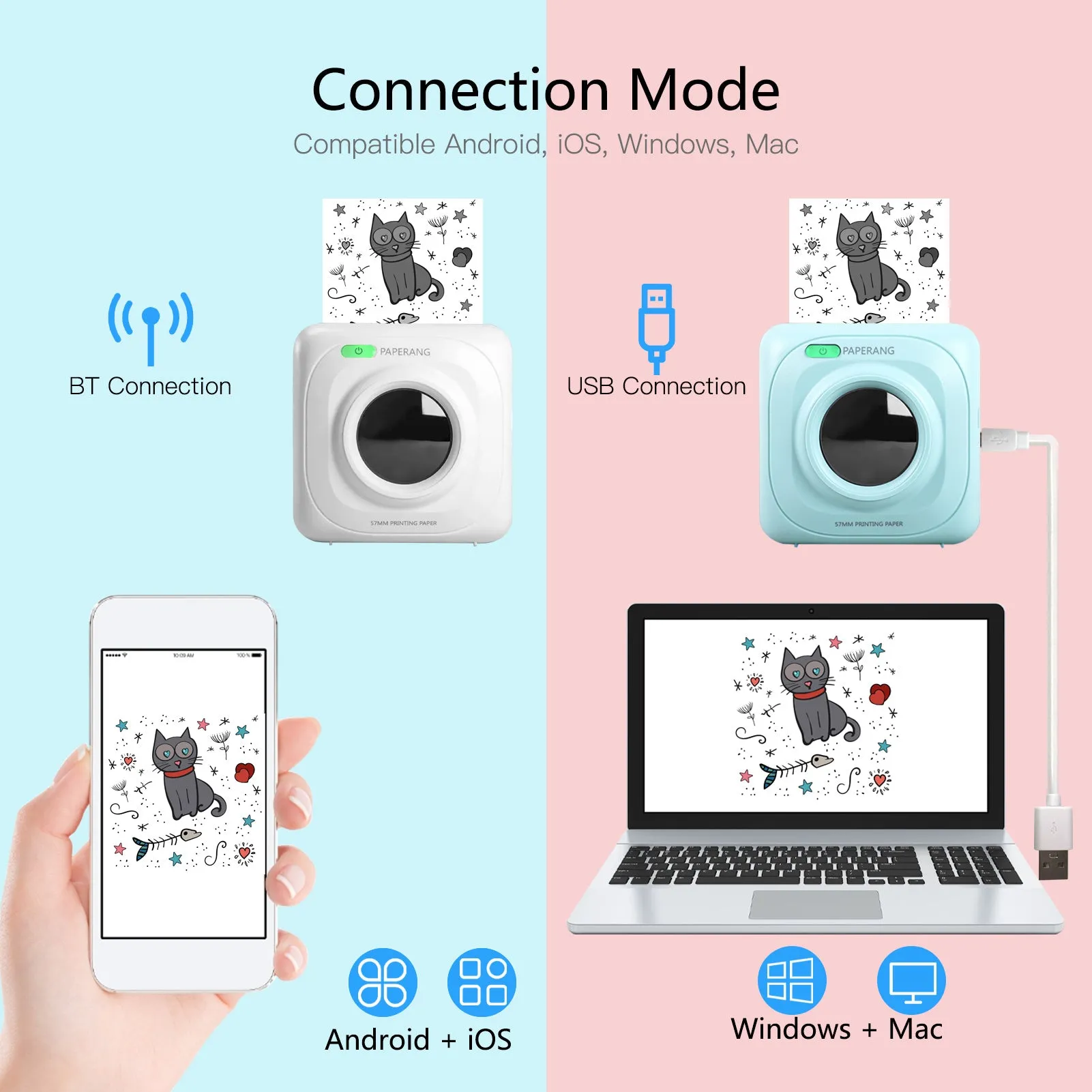 White pocket Bluetooth thermal label printer on desk with smartphone app interface visible