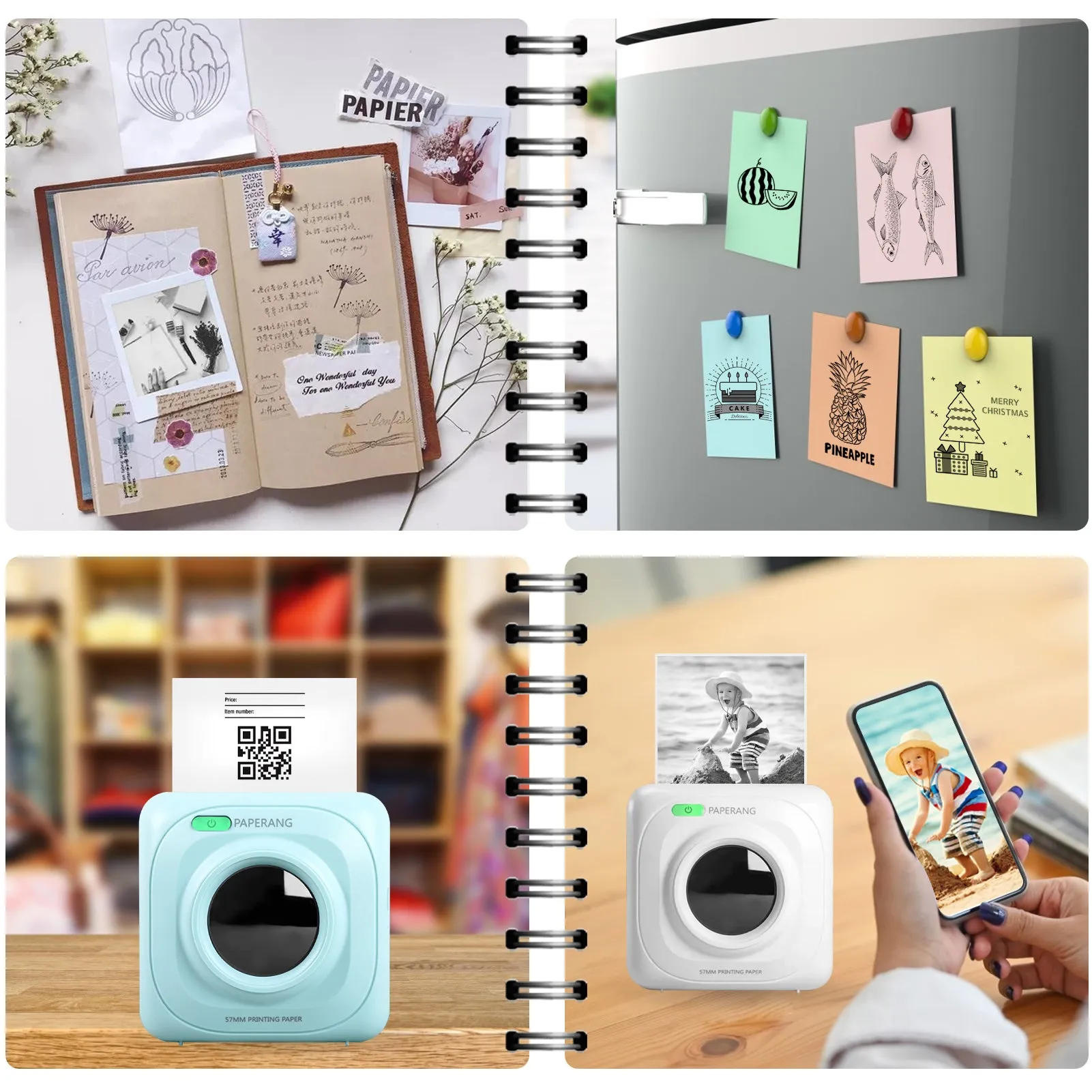 White pocket Bluetooth thermal label printer on desk with smartphone app interface visible
