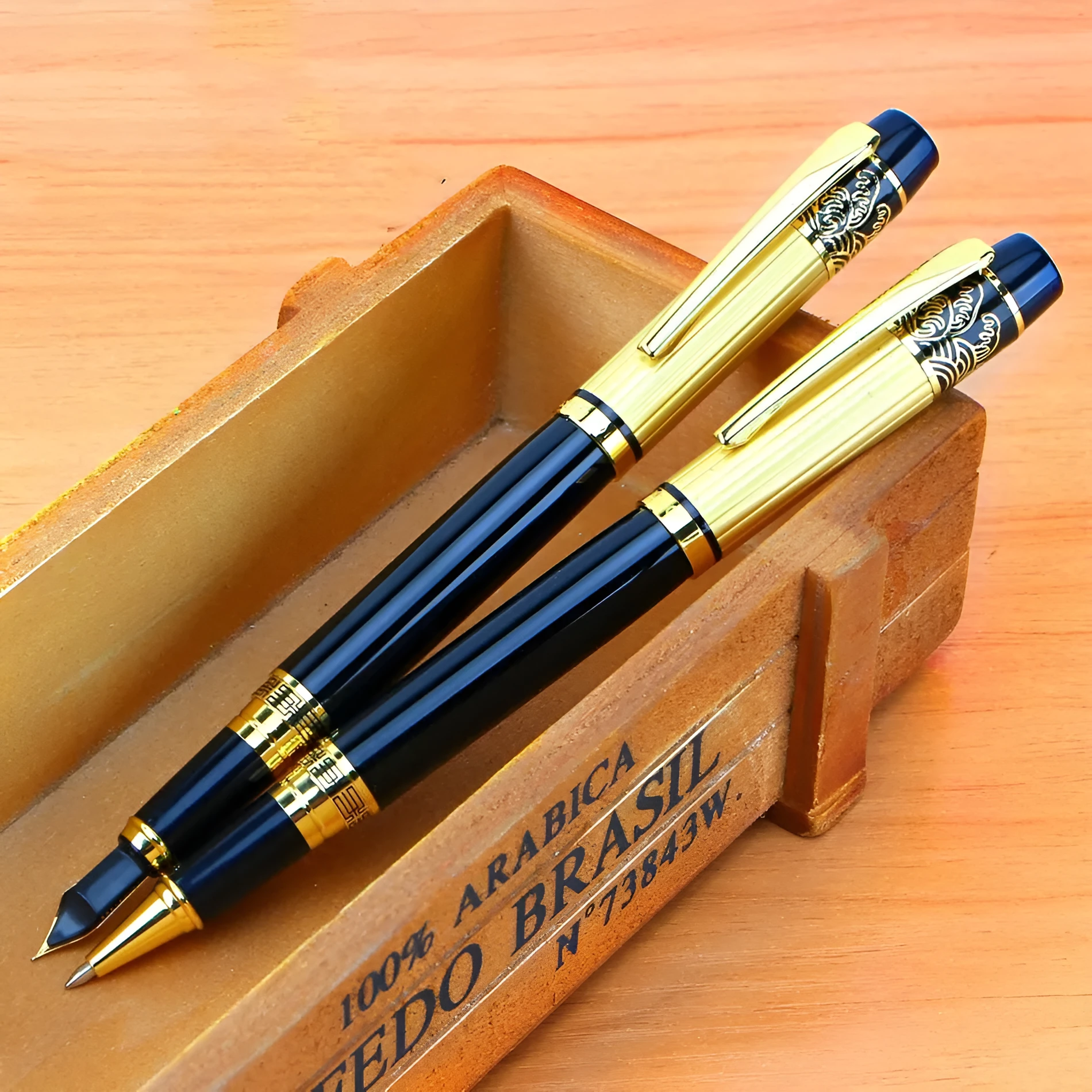 Patterned Orb Pen metal fountain pen black with iridium nib and rotating ink system