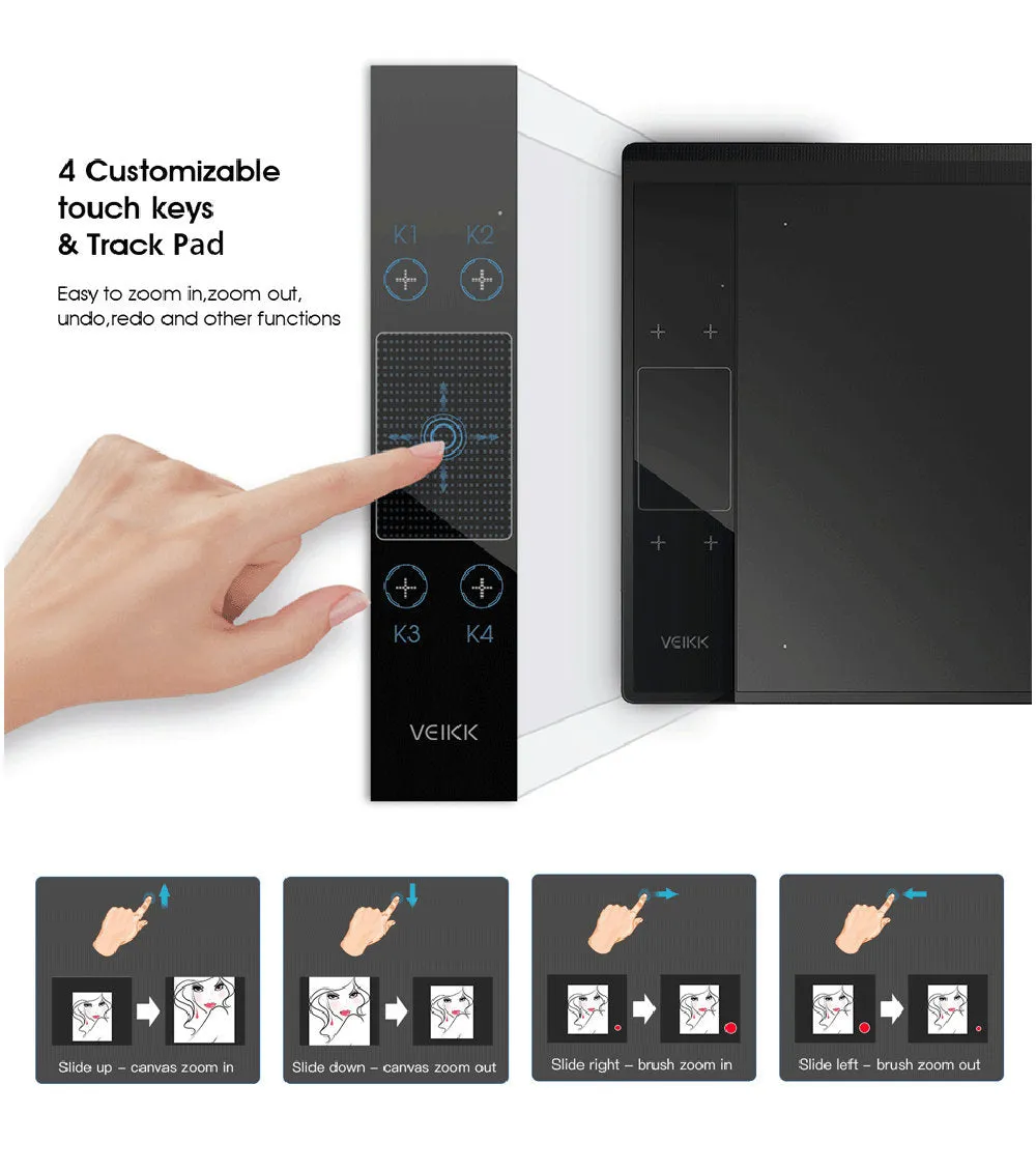 VEIKK A30 drawing tablet with battery-free stylus on desk showing 10x6 inch active area