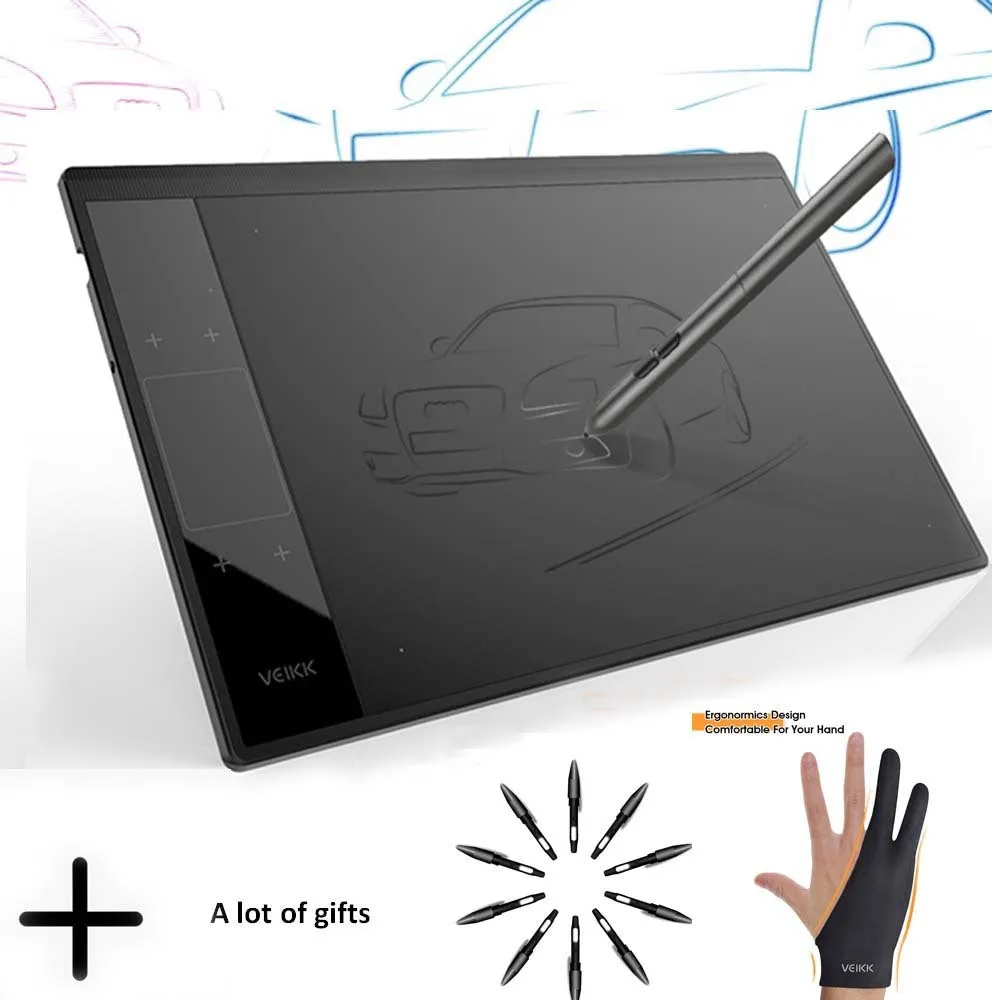 VEIKK A30 drawing tablet with battery-free stylus on desk showing 10x6 inch active area