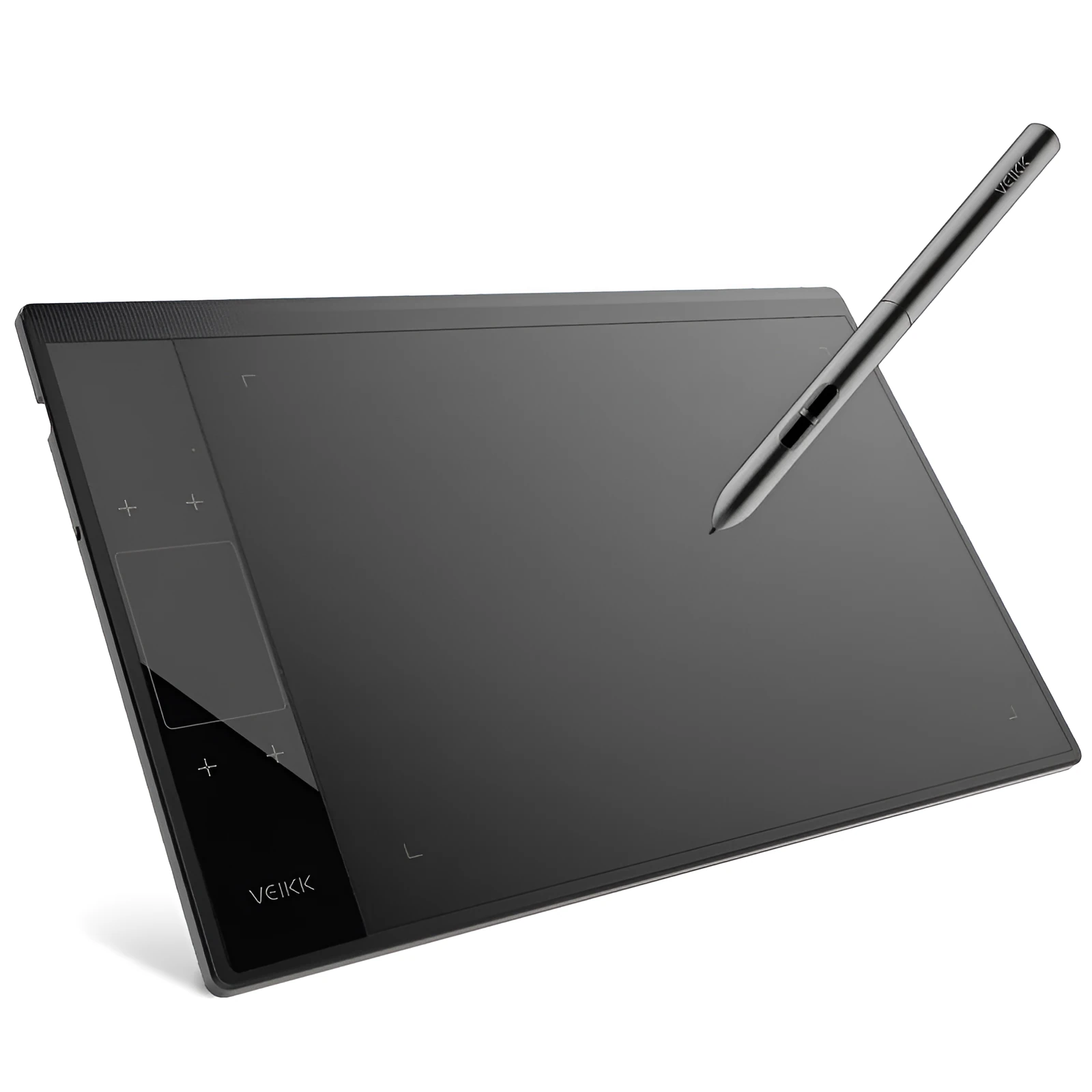 VEIKK A30 drawing tablet with battery-free stylus on desk showing 10x6 inch active area