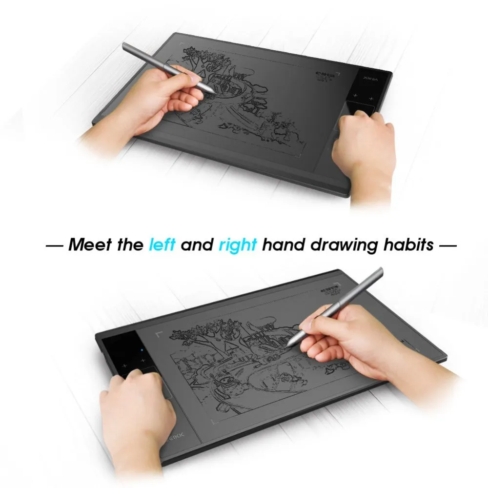 VEIKK A30 drawing tablet with battery-free stylus on desk showing 10x6 inch active area