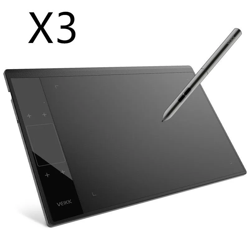 VEIKK A30 drawing tablet with battery-free stylus on desk showing 10x6 inch active area