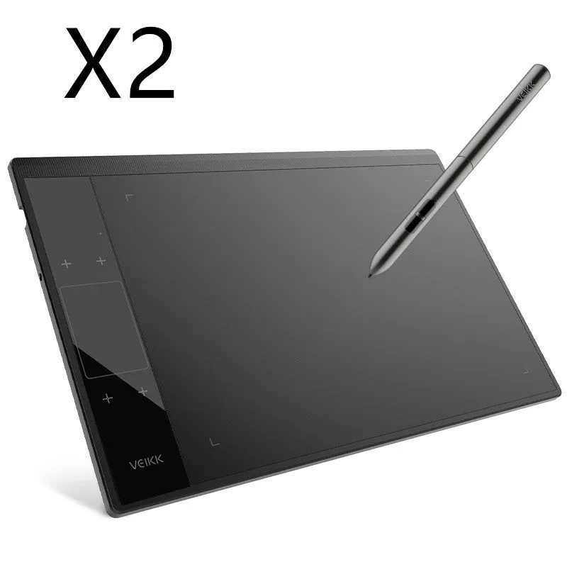 VEIKK A30 drawing tablet with battery-free stylus on desk showing 10x6 inch active area