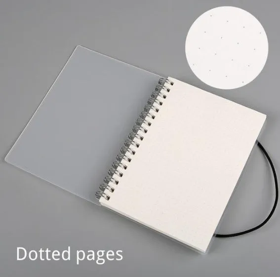 Plastic cover spiral coil notebook with transparent PVC cover, elastic rope closure, and cream paper pages