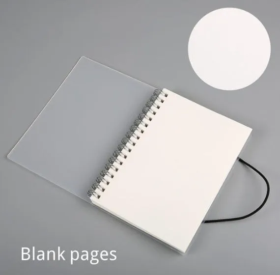 Plastic cover spiral coil notebook with transparent PVC cover, elastic rope closure, and cream paper pages