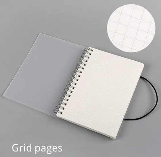Plastic cover spiral coil notebook with transparent PVC cover, elastic rope closure, and cream paper pages