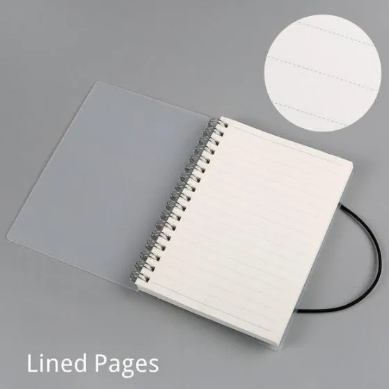 Plastic cover spiral coil notebook with transparent PVC cover, elastic rope closure, and cream paper pages