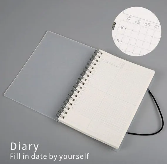 Plastic cover spiral coil notebook with transparent PVC cover, elastic rope closure, and cream paper pages
