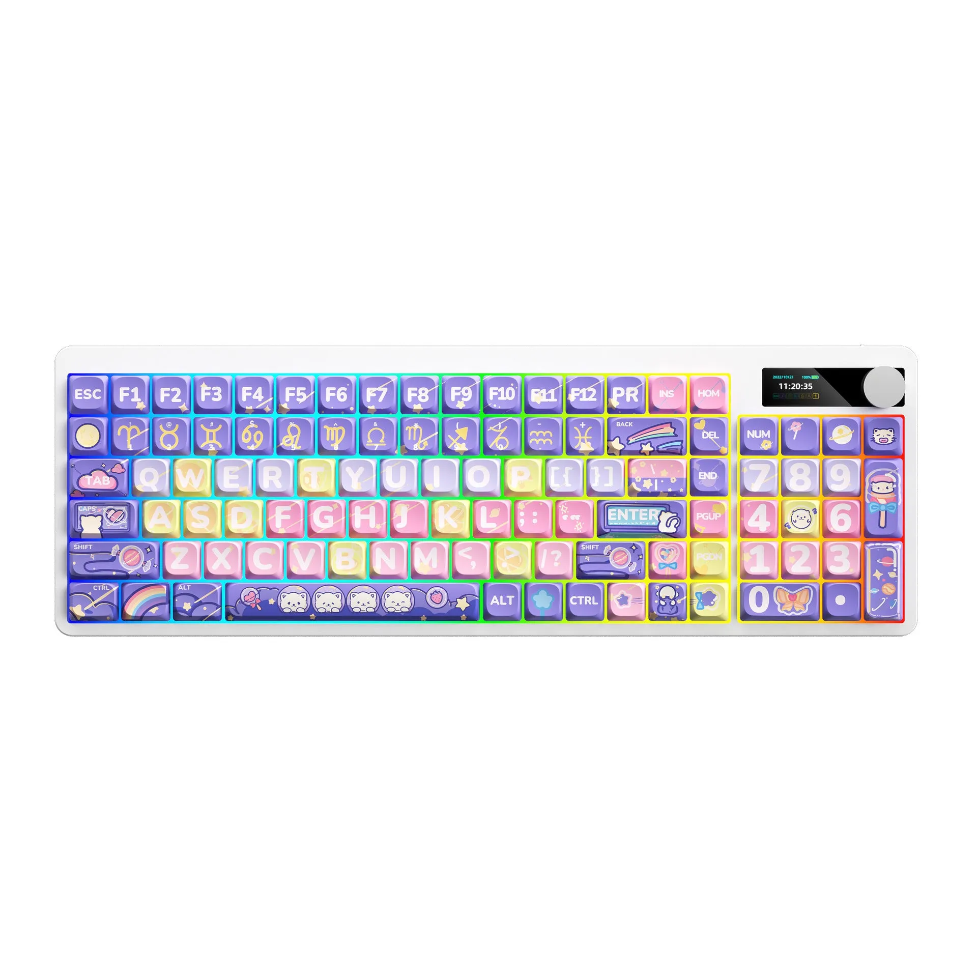 Compact mechanical keyboard with RGB backlight showing three colour options on display
