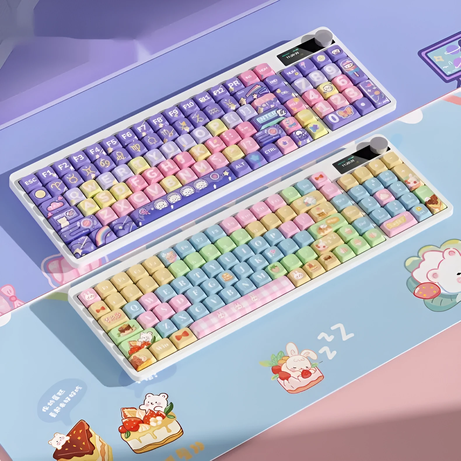 Compact mechanical keyboard with RGB backlight showing three colour options on display