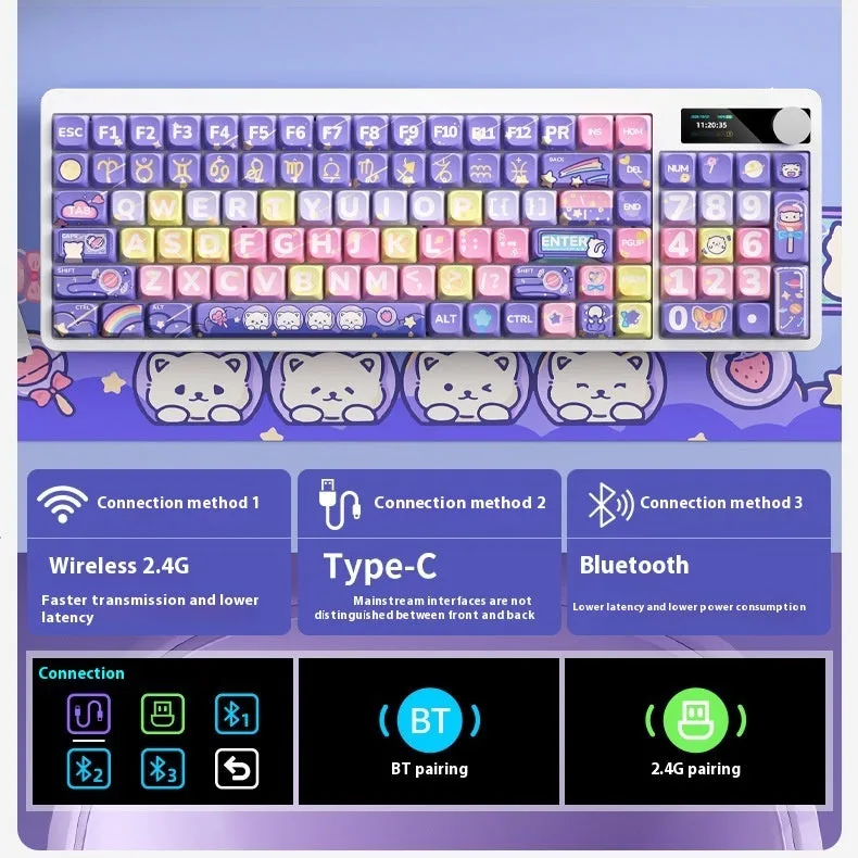 Compact mechanical keyboard with RGB backlight showing three colour options on display