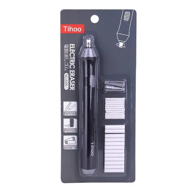 Black and gray electric eraser with plastic body, 166x15 mm, on a white background