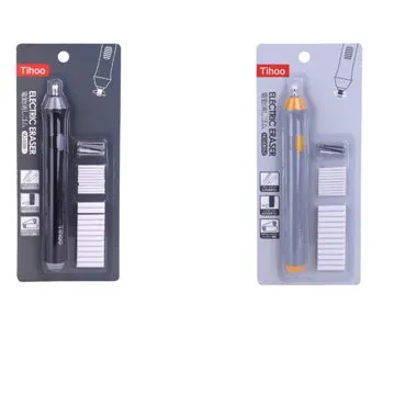 Black and gray electric eraser with plastic body, 166x15 mm, on a white background