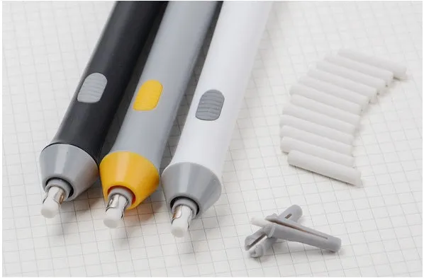 Black and gray electric eraser with plastic body, 166x15 mm, on a white background