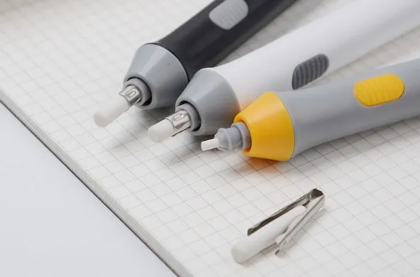 Black and gray electric eraser with plastic body, 166x15 mm, on a white background