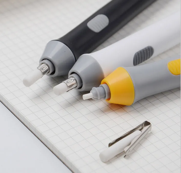 Black and gray electric eraser with plastic body, 166x15 mm, on a white background