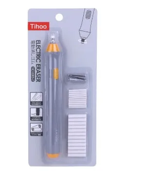 Black and gray electric eraser with plastic body, 166x15 mm, on a white background