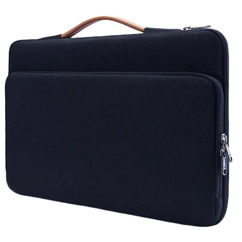 Retractable laptop bag for 13-inch MacBook, horizontal zipper, waterproof nylon, multiple front pockets, black colour