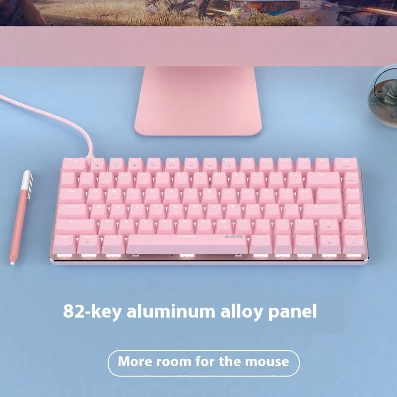 Pink-themed 82-key mechanical keyboard with white backlight on a metal chassis