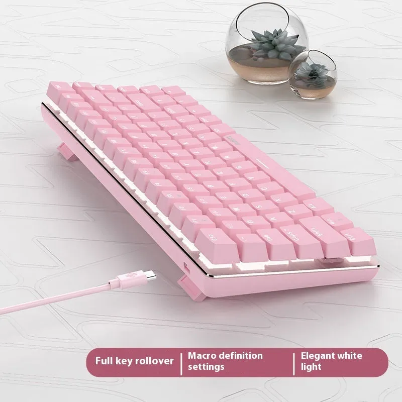 Pink-themed 82-key mechanical keyboard with white backlight on a metal chassis