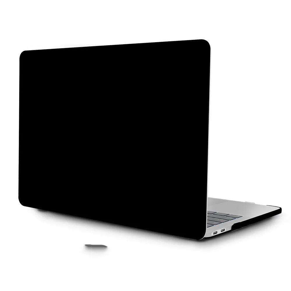 Frosted transparent black plastic protective case fitted on a MacBook Pro showing matte finish