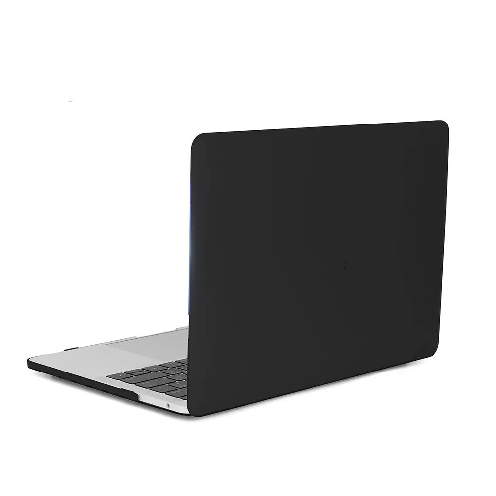 Frosted transparent black plastic protective case fitted on a MacBook Pro showing matte finish