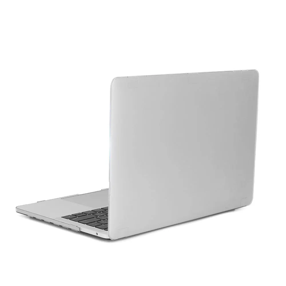 Frosted transparent black plastic protective case fitted on a MacBook Pro showing matte finish