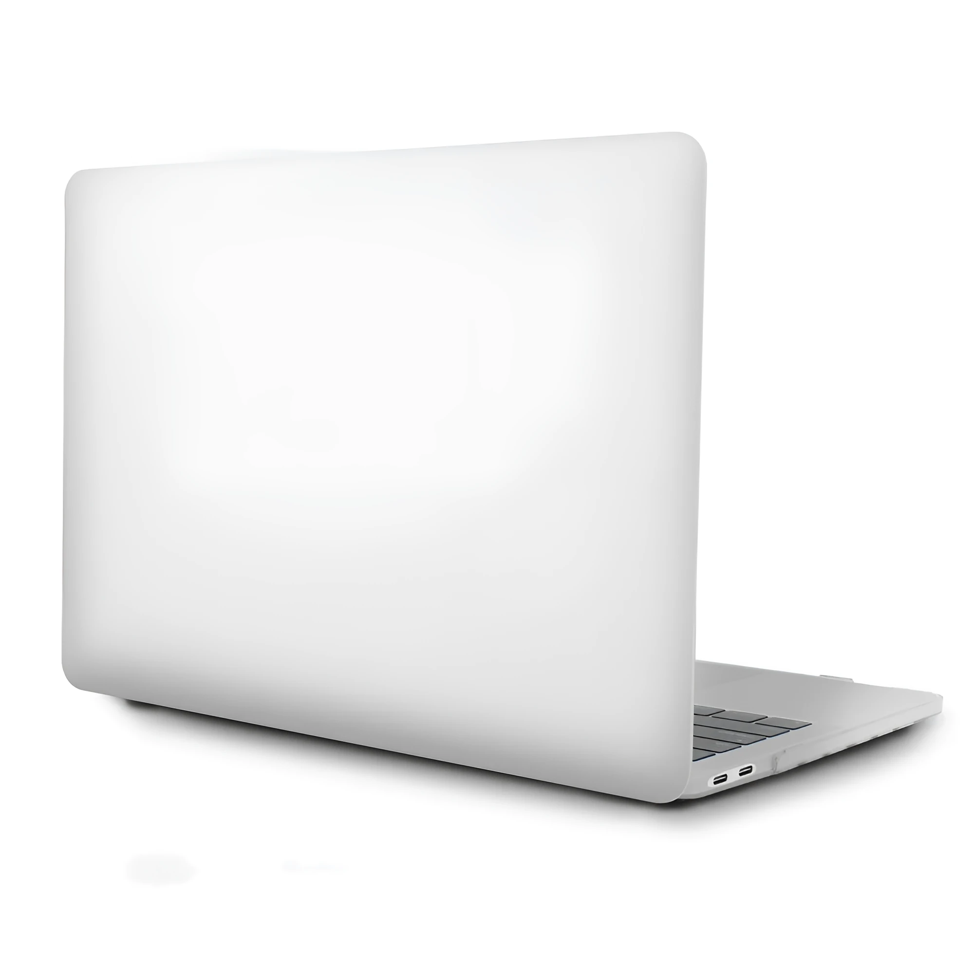 Frosted transparent black plastic protective case fitted on a MacBook Pro showing matte finish