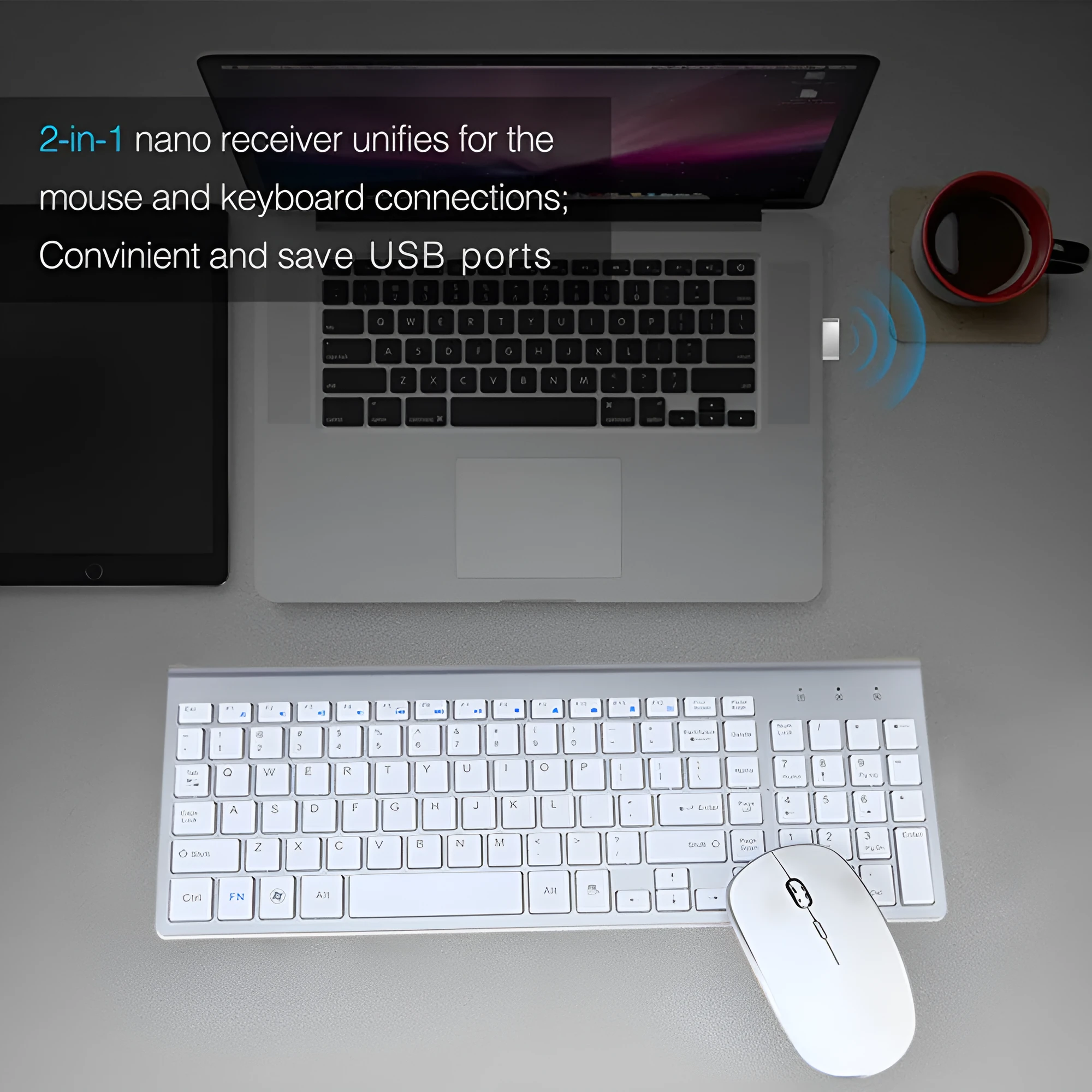 Wireless keyboard and mouse combo full-size 104-key ultra-thin black colour with numeric keypad and USB receiver