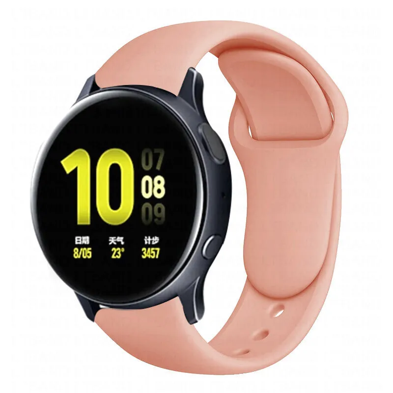 Samsung Galaxy Active 2 smartwatch with a purple silicone replacement strap featuring a reverse buckle clasp.