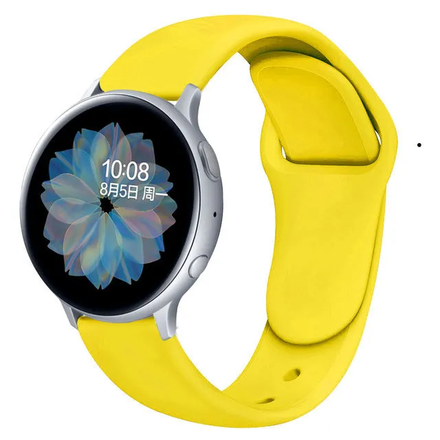 Samsung Galaxy Active 2 smartwatch with a purple silicone replacement strap featuring a reverse buckle clasp.
