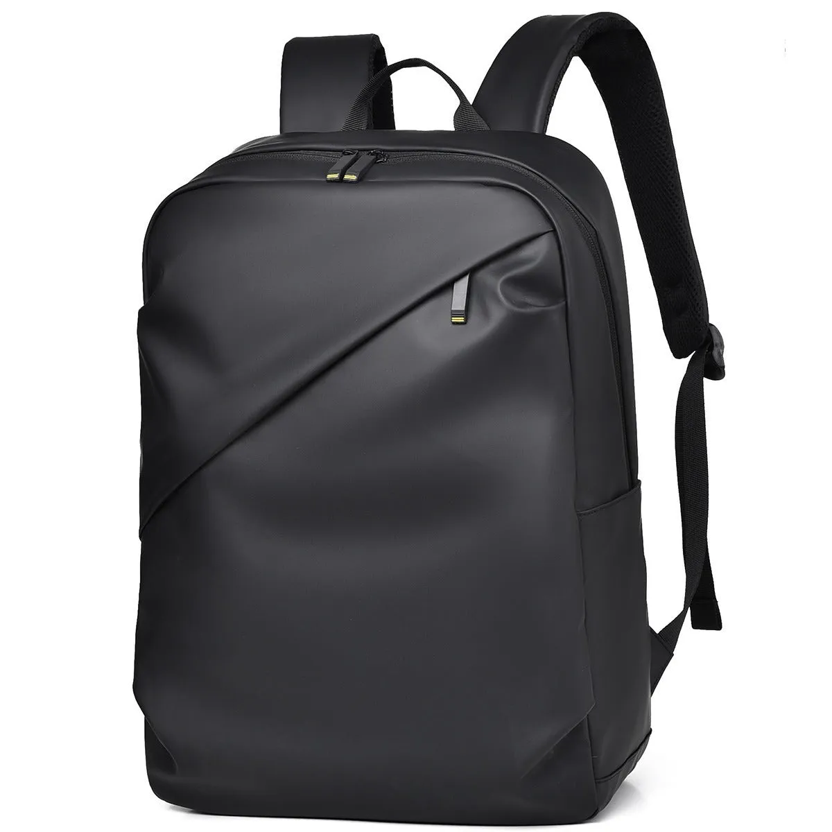 Men's large waterproof black PU leather backpack with laptop compartment on a grey background.
