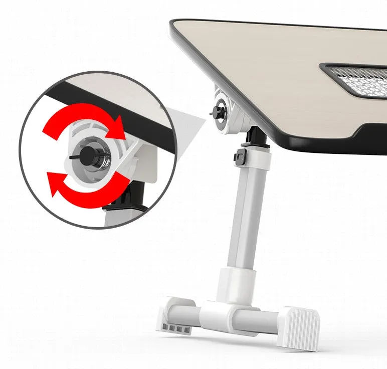 Adjustable laptop desk stand with wood-based panel, folded flat on a surface, 52x30 cm black colour