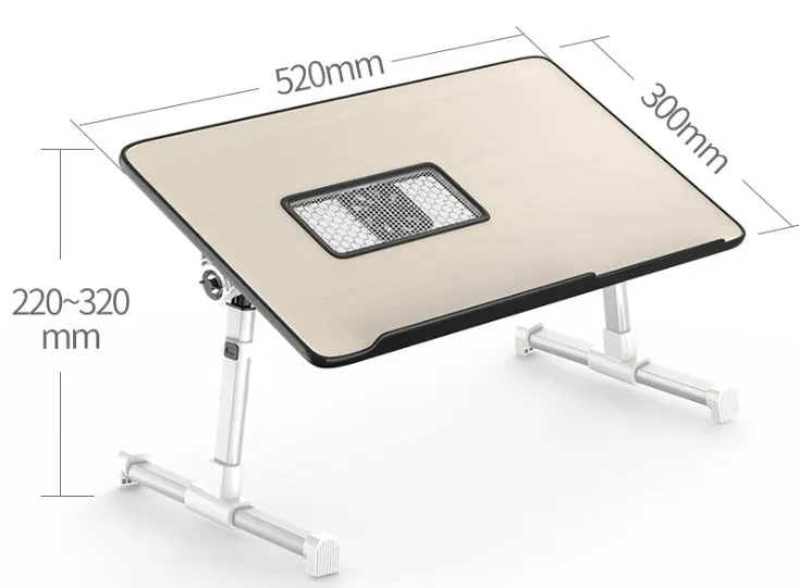 Adjustable laptop desk stand with wood-based panel, folded flat on a surface, 52x30 cm black colour