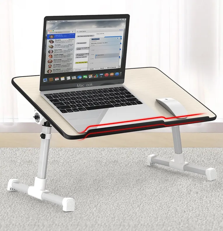 Adjustable laptop desk stand with wood-based panel, folded flat on a surface, 52x30 cm black colour