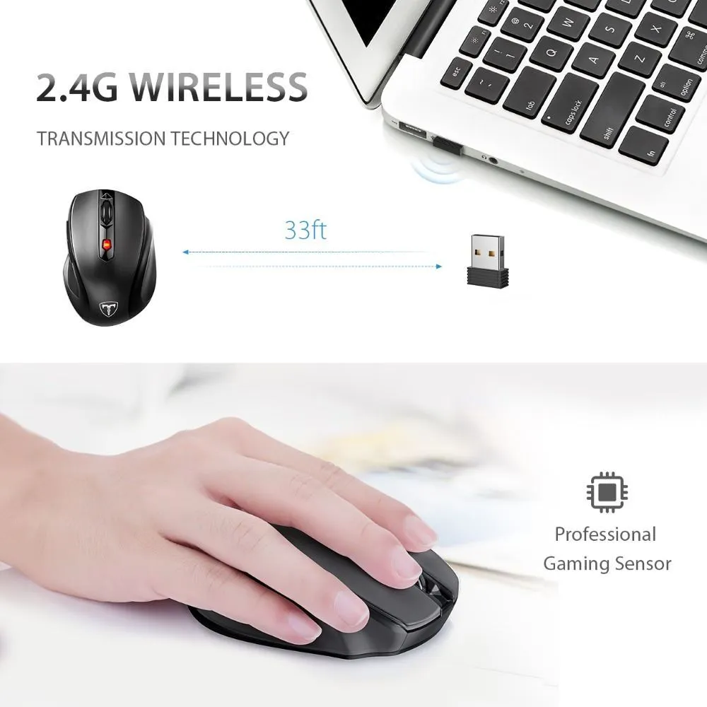 Black wired gaming mouse with six buttons, 130x85x45mm, USB cable, on desk