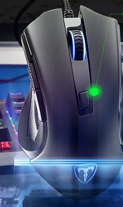 Black wired gaming mouse with six buttons, 130x85x45mm, USB cable, on desk