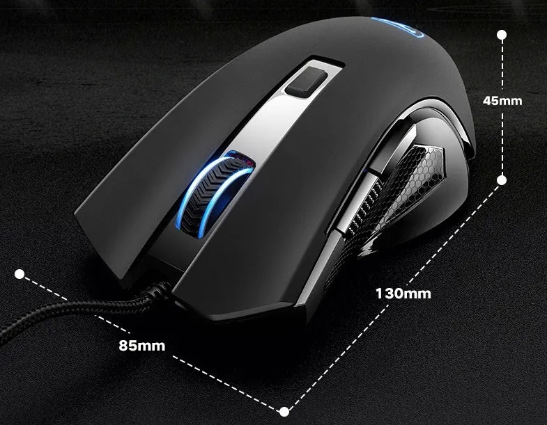 Black wired gaming mouse with six buttons, 130x85x45mm, USB cable, on desk