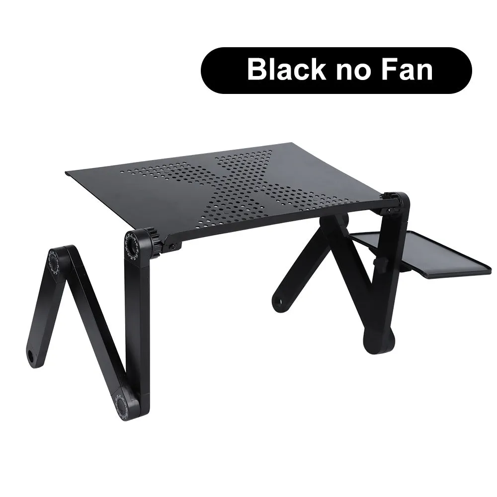 Folding aluminium alloy adjustable laptop desk with built-in fan and mouse panel on the right leg