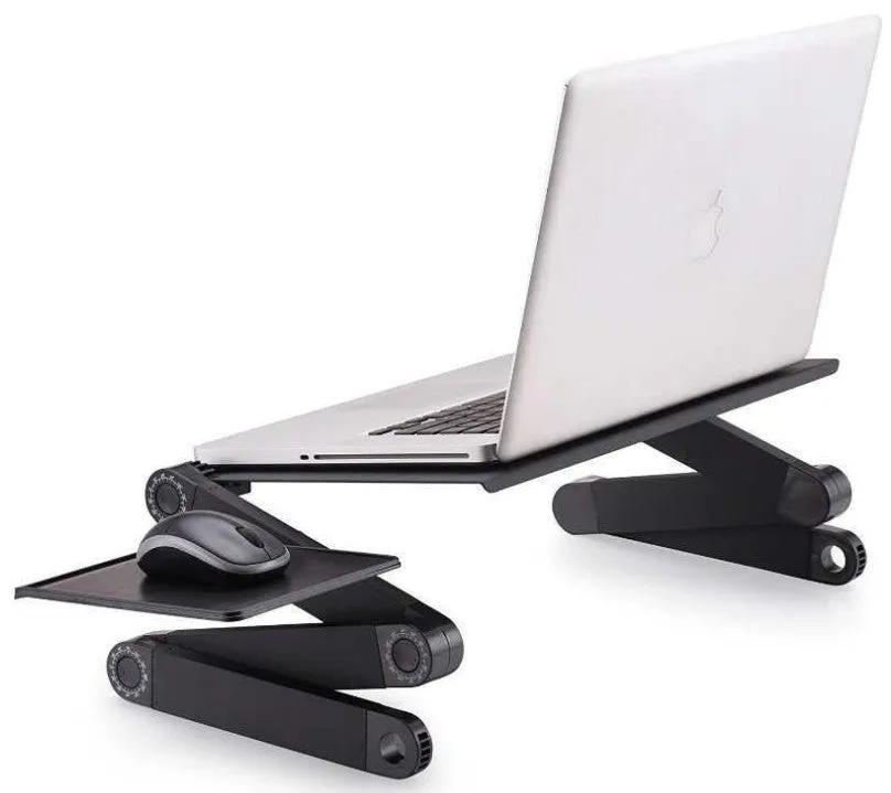 Folding aluminium alloy adjustable laptop desk with built-in fan and mouse panel on the right leg