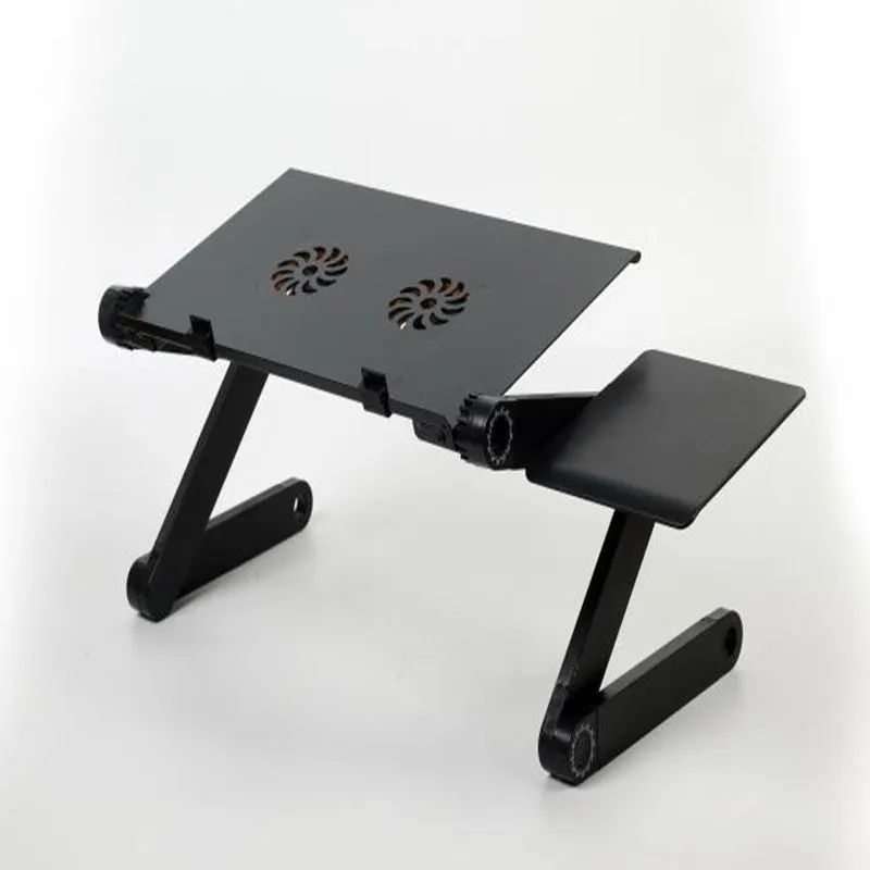 Folding aluminium alloy adjustable laptop desk with built-in fan and mouse panel on the right leg