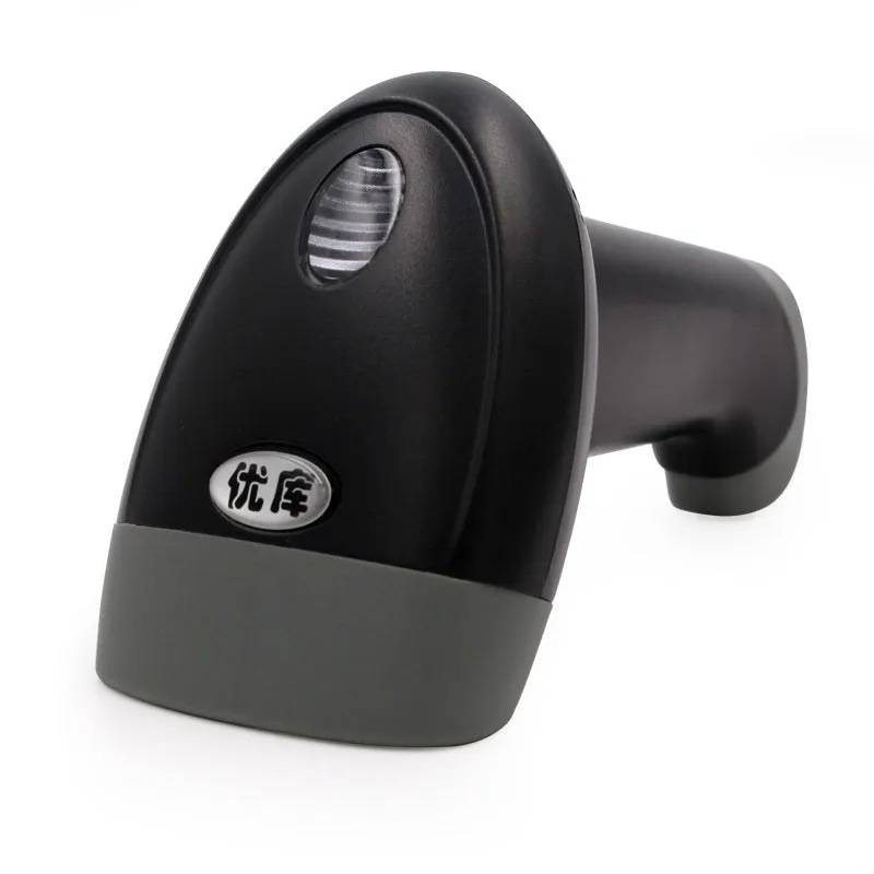 Youku M2 white serial port handheld 1D red light barcode scanner with USB cable on a desk