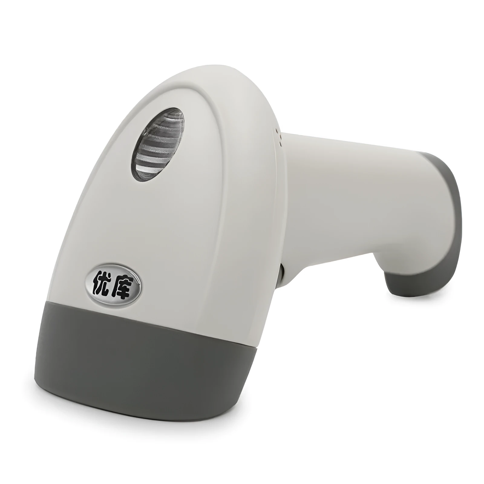 Youku M2 white serial port handheld 1D red light barcode scanner with USB cable on a desk