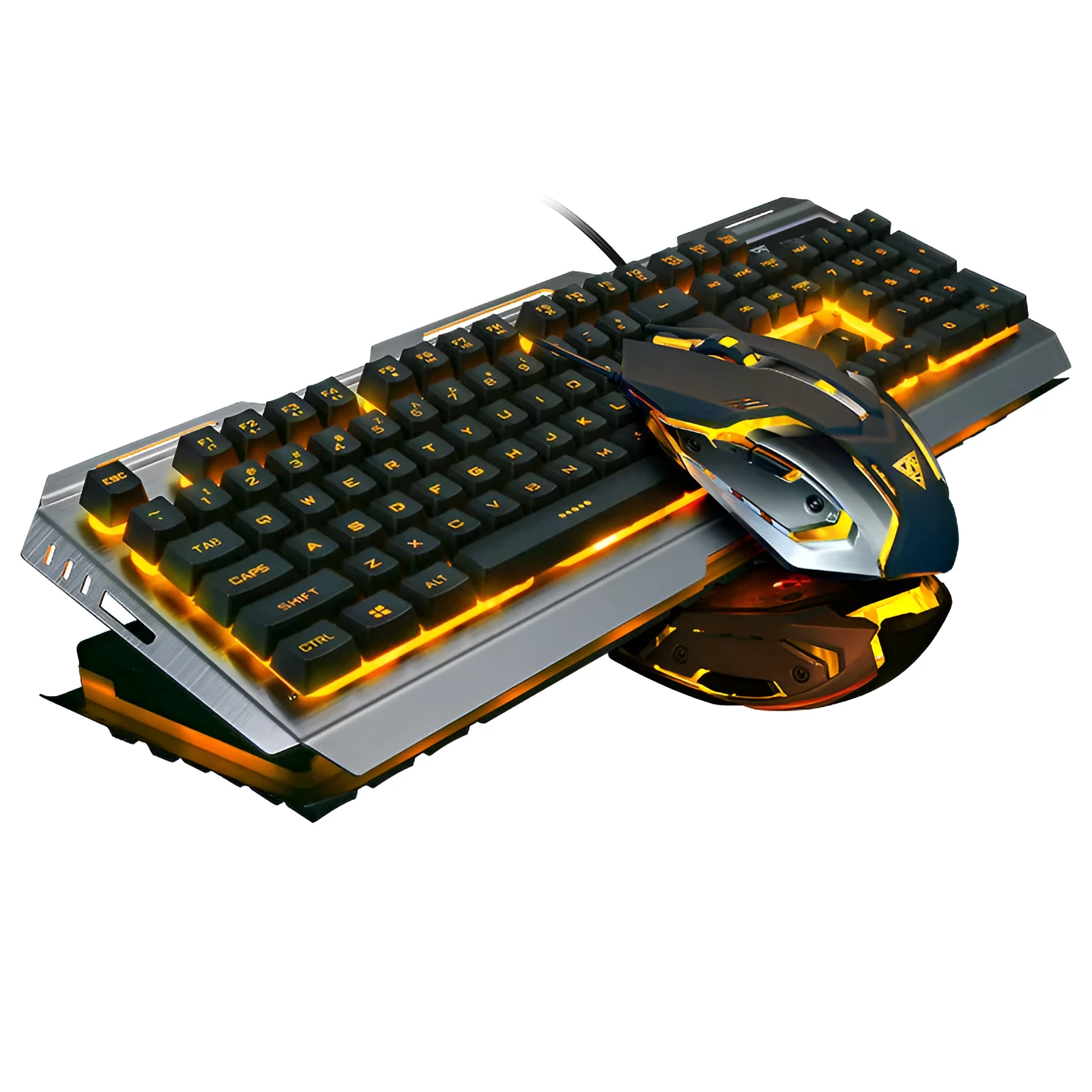 Wired gaming keyboard and mouse set with USB cable, backlit keys, and 3200dpi optical mouse, Tricolor rainbow colour