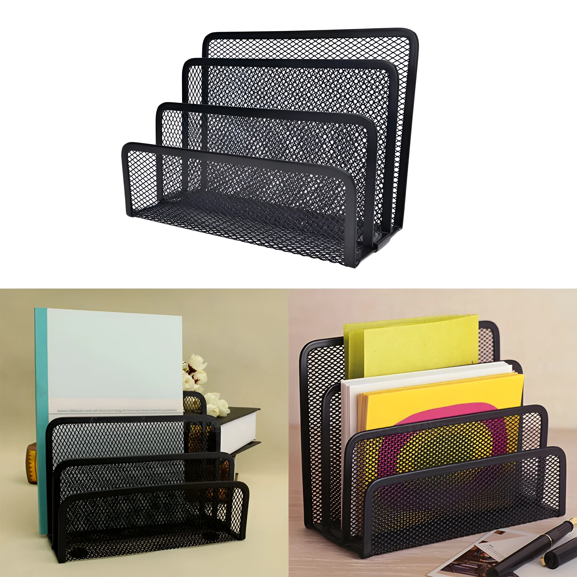 3-tier metal mesh desk organizer book shelves letter tray 170x135x78mm silver