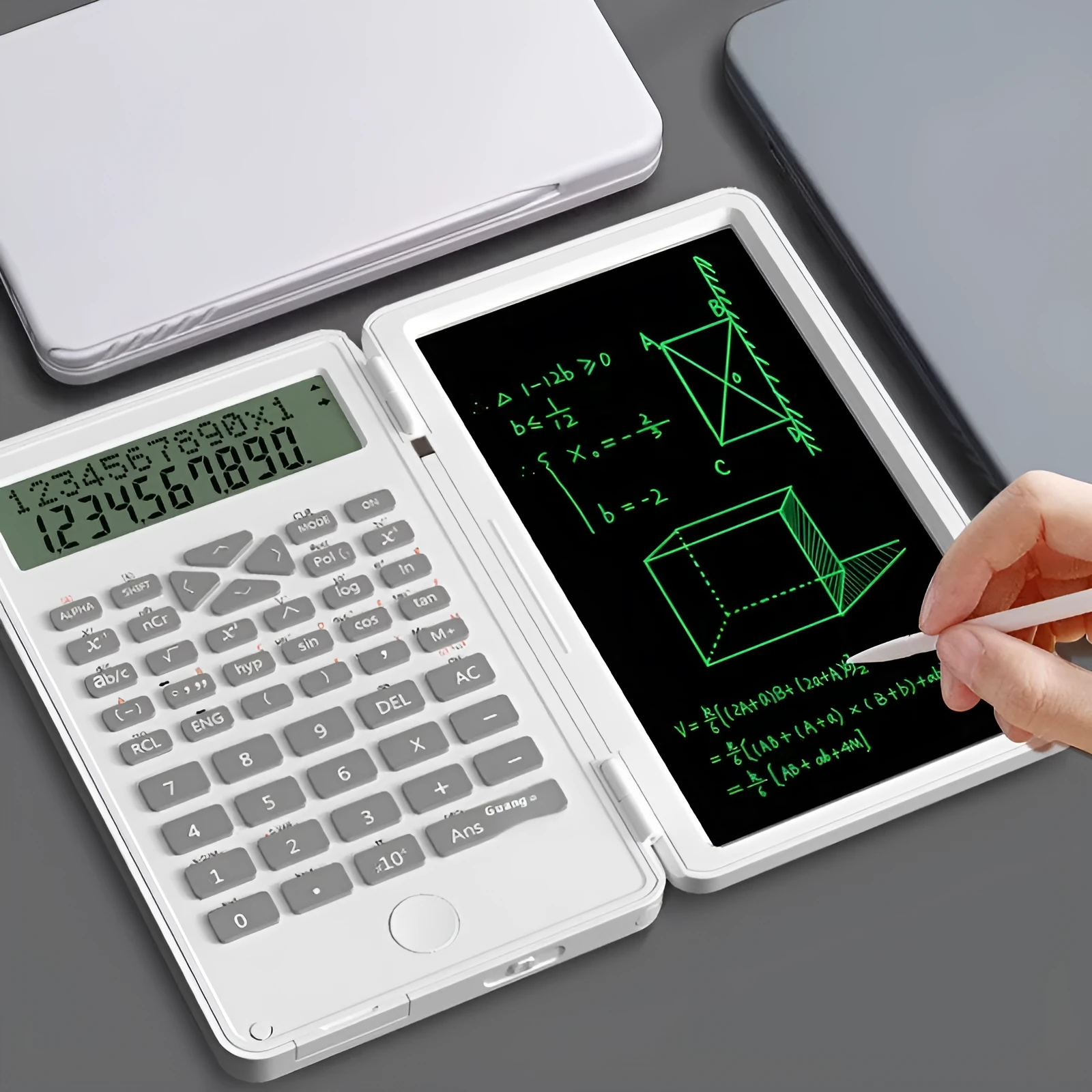 Plastic scientific calculator with handwriting board in black colour, measuring 162 x 82.2 x 18.3mm